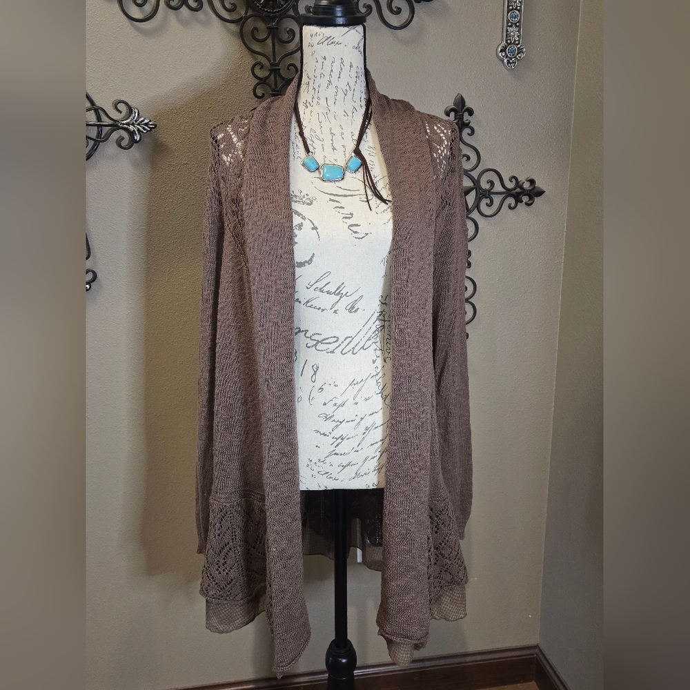 Brown Women's Cardigan with Lace Detail